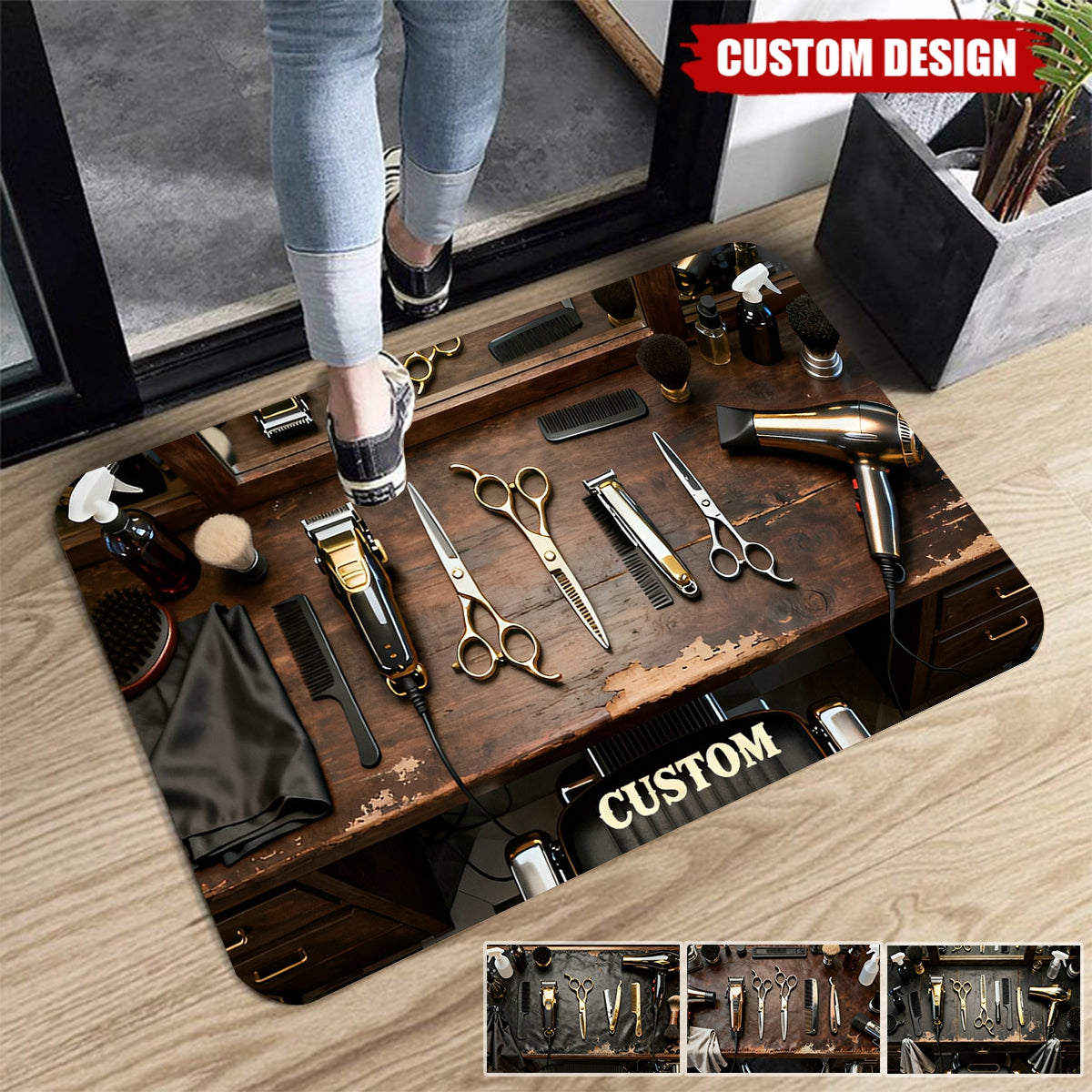Custom-made vintage barber's workbench rug