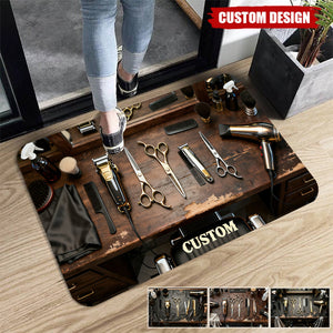 Custom-made vintage barber's workbench rug