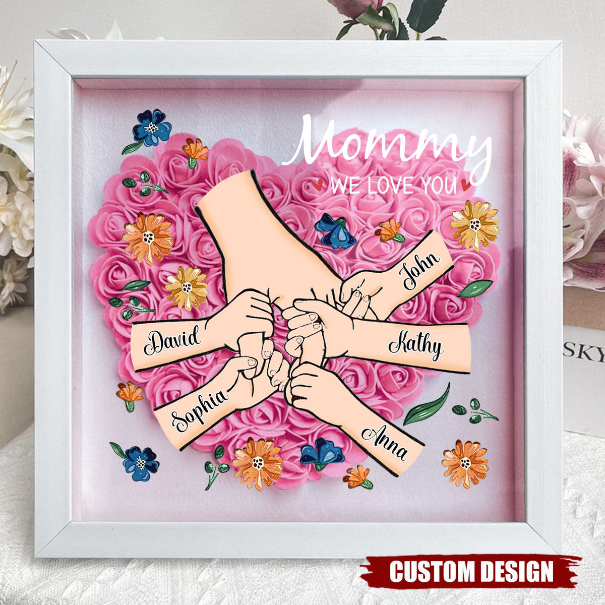 Grandma We Love You - Personalized Flower Shadow Box With Name, Mother's Day Gift