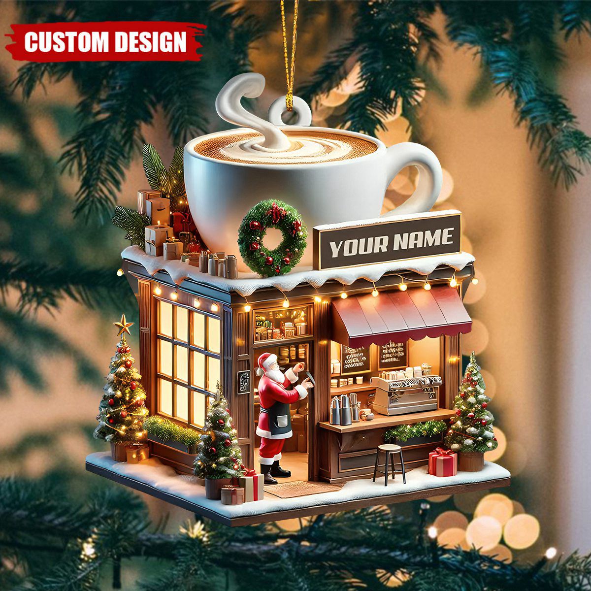 Custom Name Coffee Shop Ornament, Coffee Love Christmas Gift