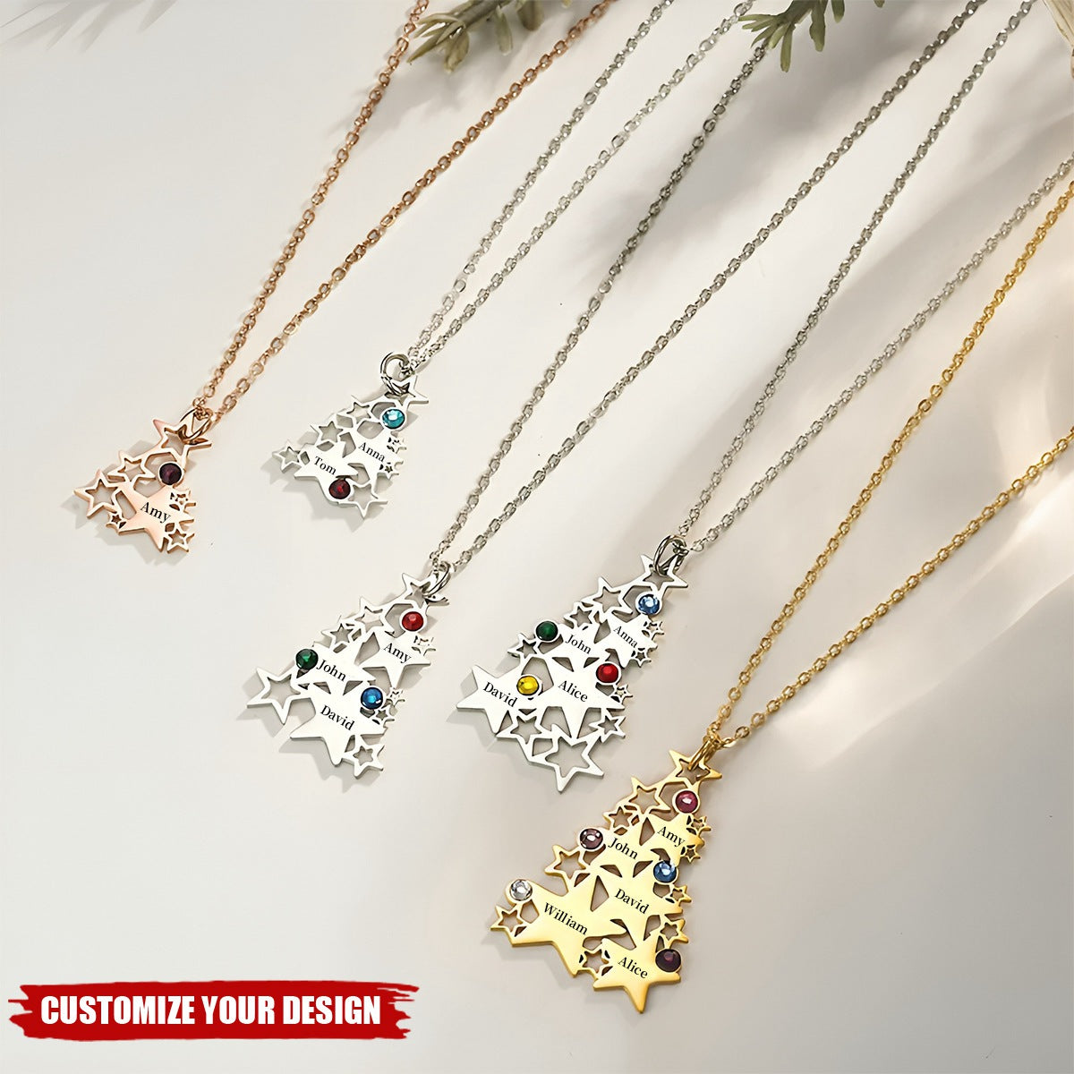 Personalized Dainty Star Christmas Tree Necklace with 1-5 Birthstones and Engraved Names Family Jewelry Christmas Birthday Gift for Women