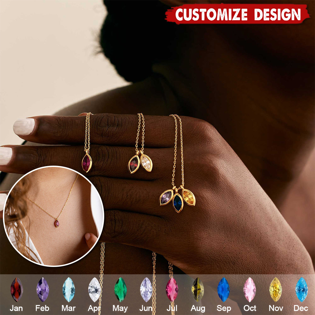 Personalized Leaf Birthstone Necklace - Gift For Mom Grandma