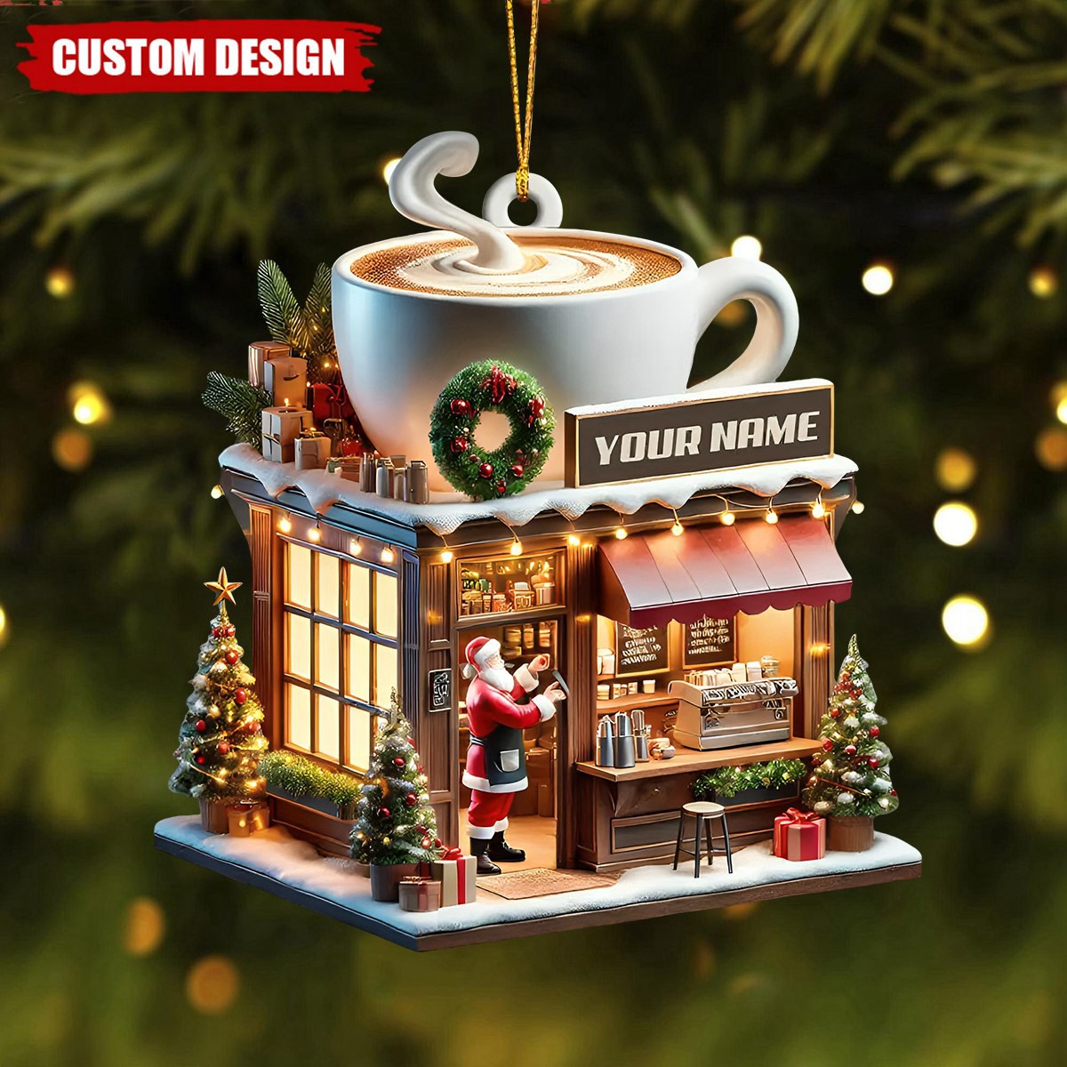 Custom Name Coffee Shop Ornament, Coffee Love Christmas Gift