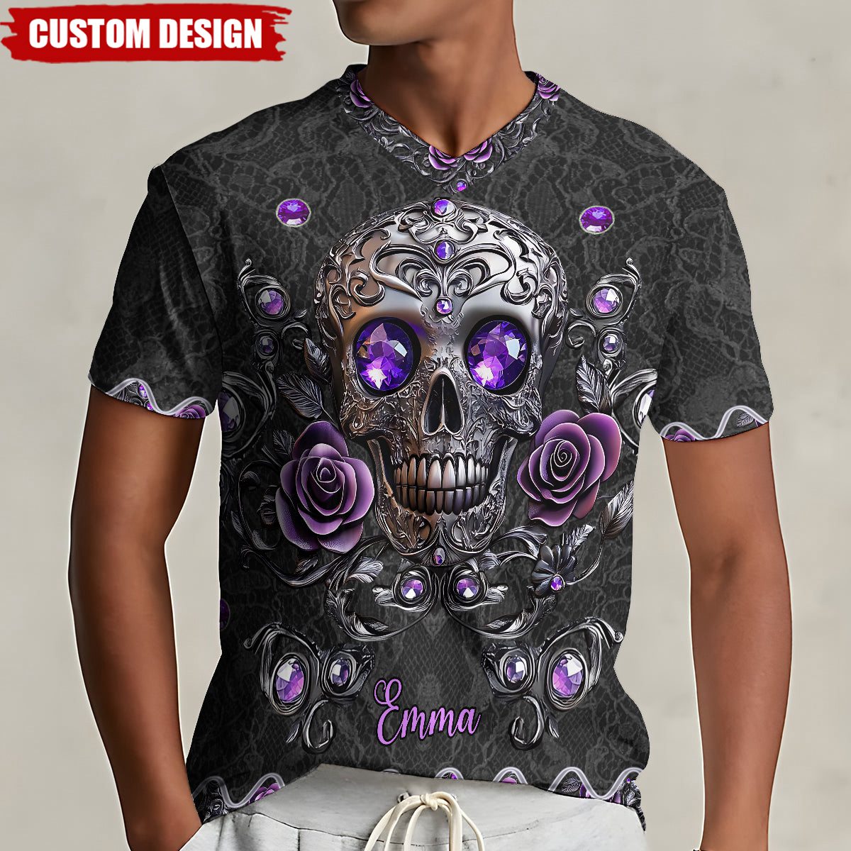 Beautiful Skull And Roses - Personalized Skull Fully Printed V-Neck T-Shirt