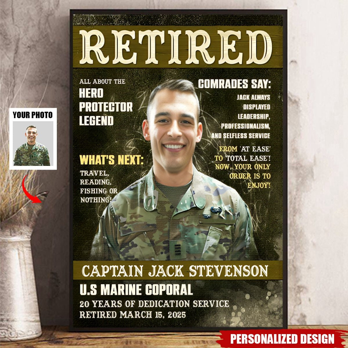 Personalized Army Magazine Cover Canvas Poster, Military Retirement Portrait Gift