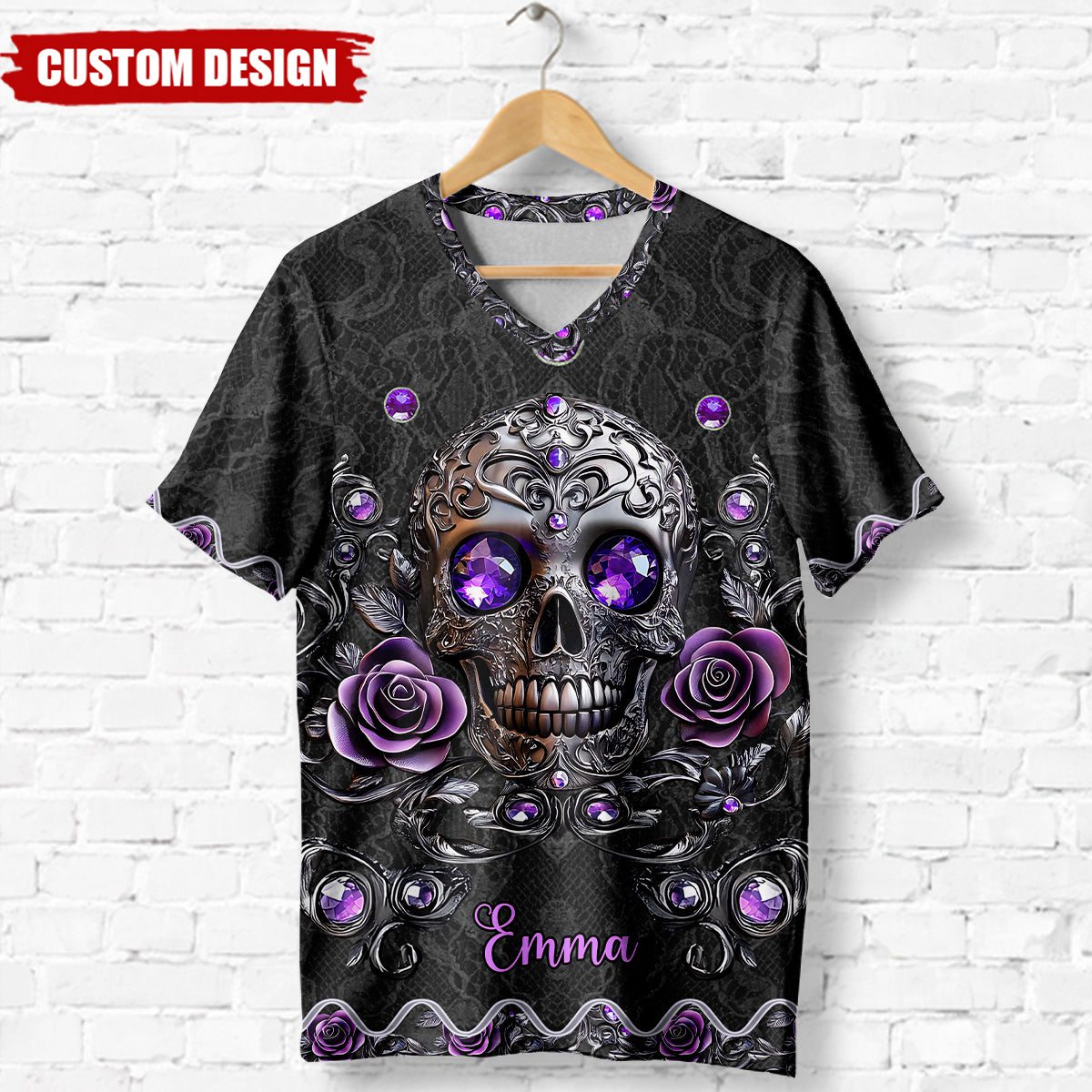 Beautiful Skull And Roses - Personalized Skull Fully Printed V-Neck T-Shirt