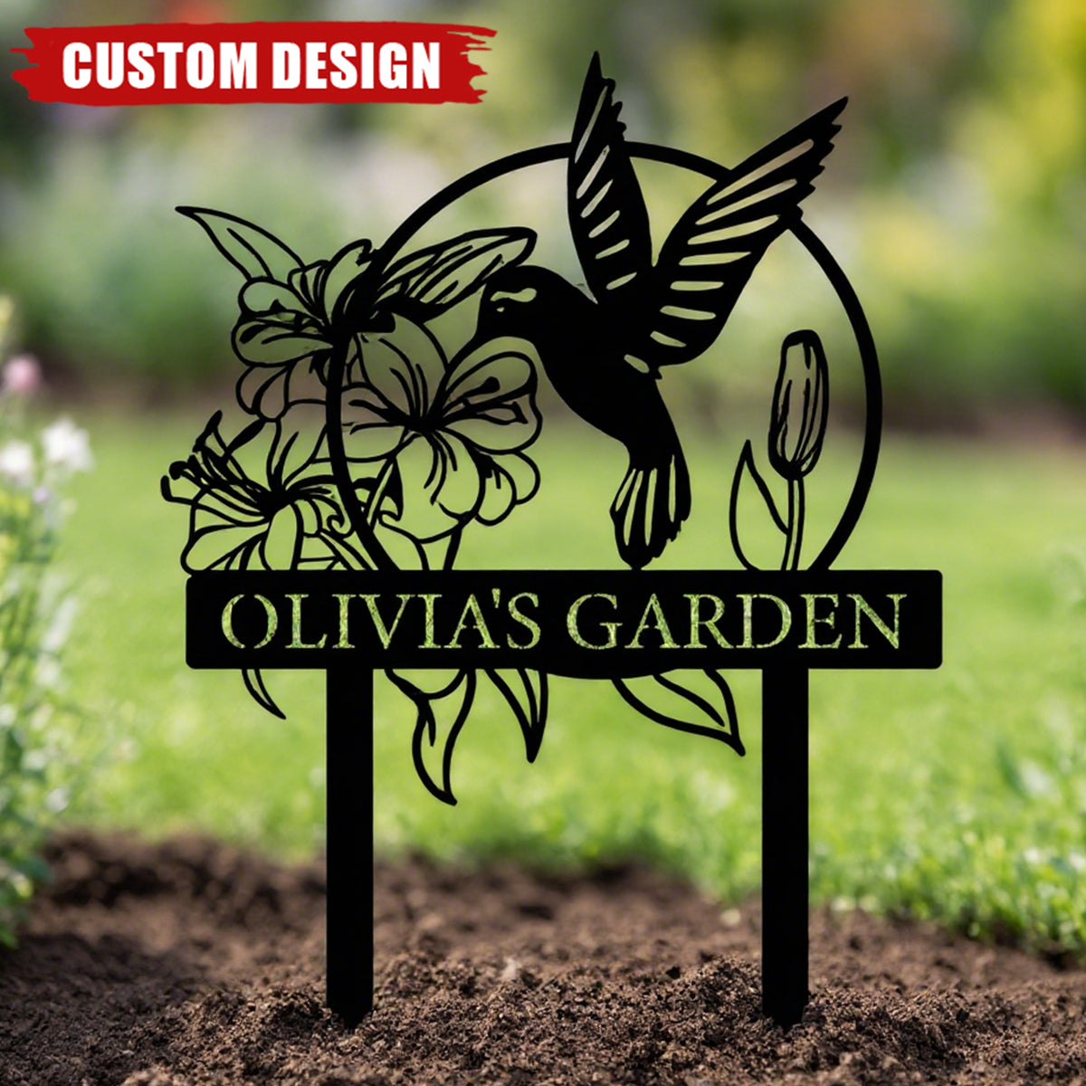 Hummingbird With Flower Personalized Metal Garden Sign