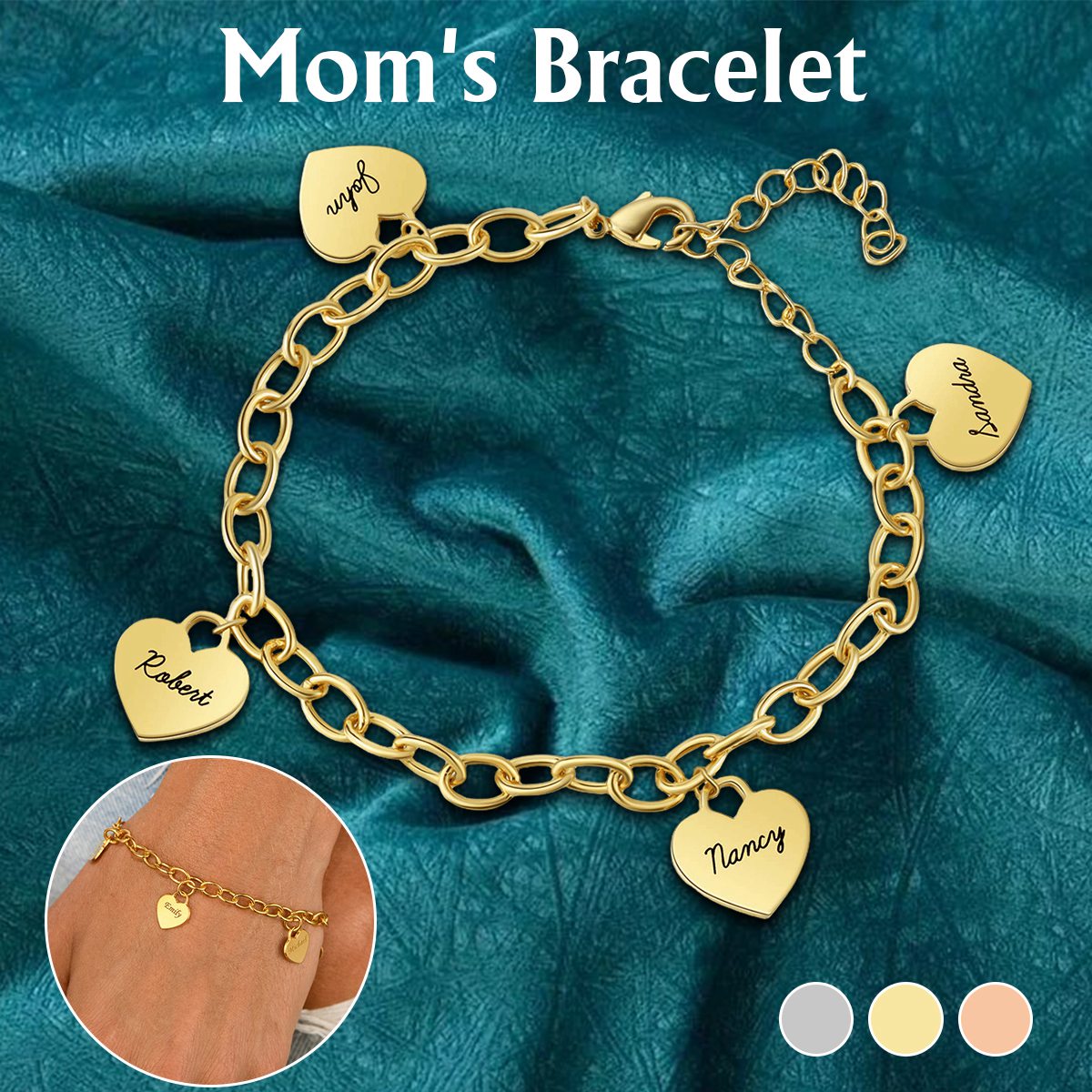 Personalized Heart Charms Bracelet-Gift for Mom Grandma