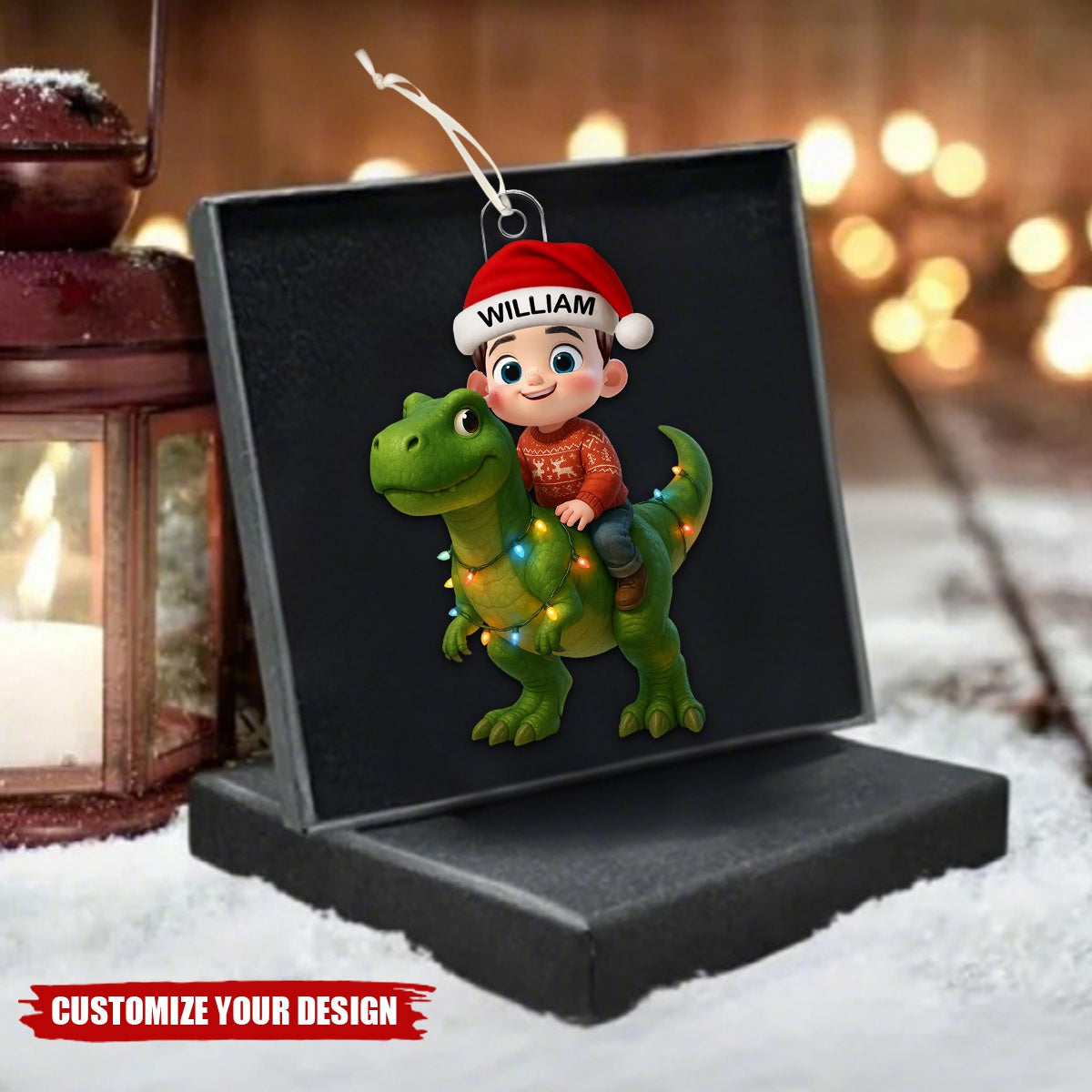 Personalized Cute Cartoon Kid With Dinosaur Christmas Acrylic Ornament, Unique Gift For Grandkids