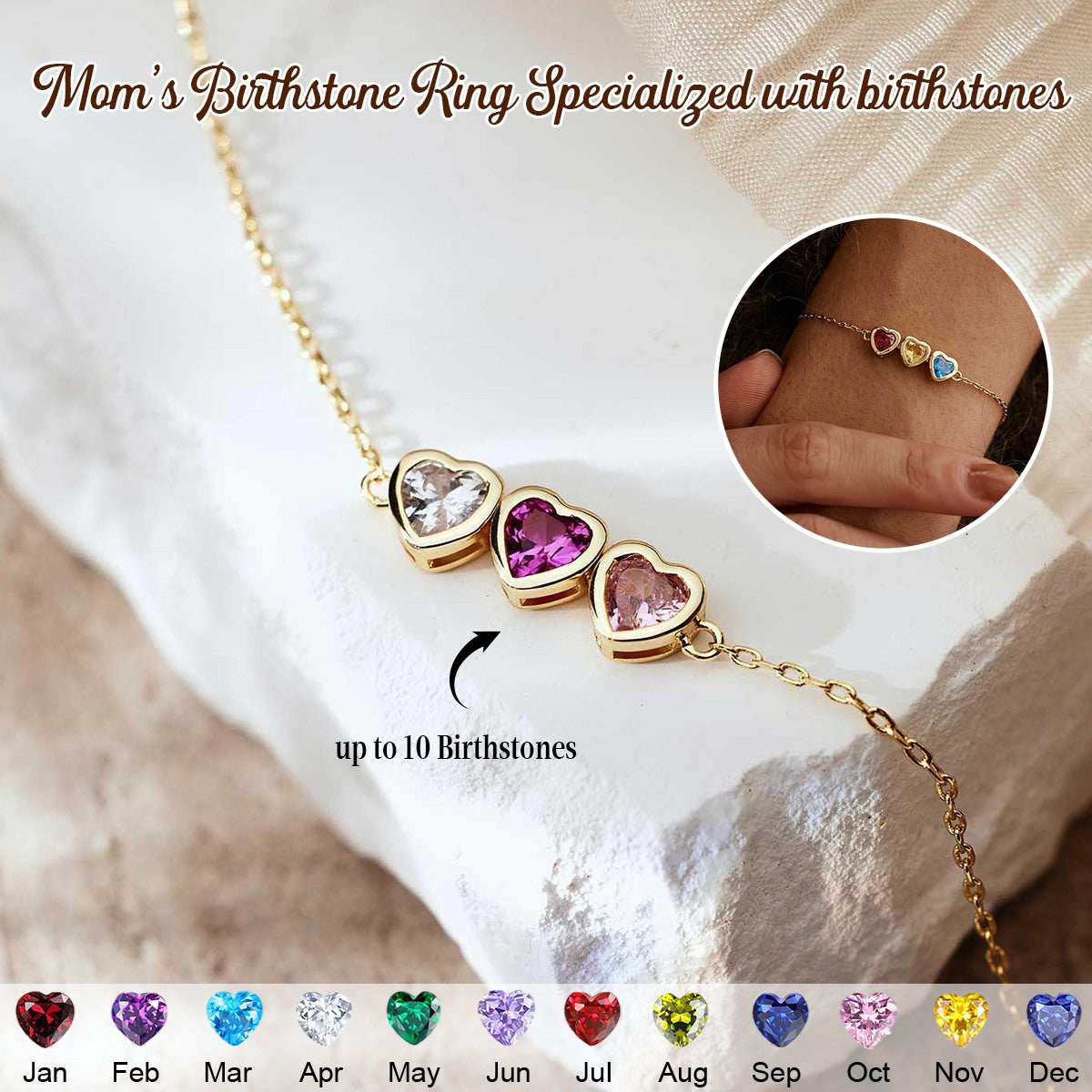 Personalised Heart Birthstone Bracelet, Birthday Gift for Mom, Mothers Day Gift for Her