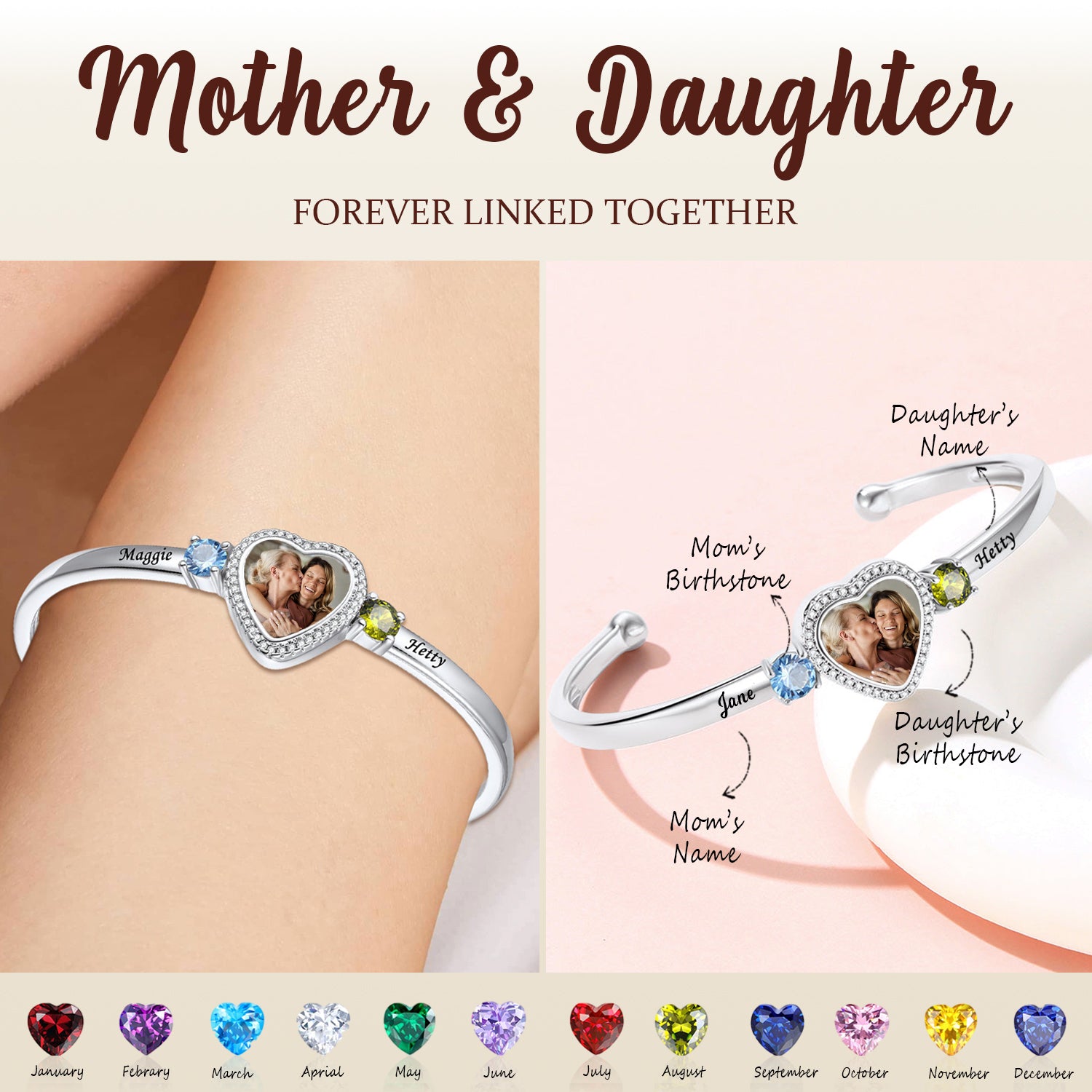 Personalized Heart Birthstone Bracelet-Gift For Mom, Grandma