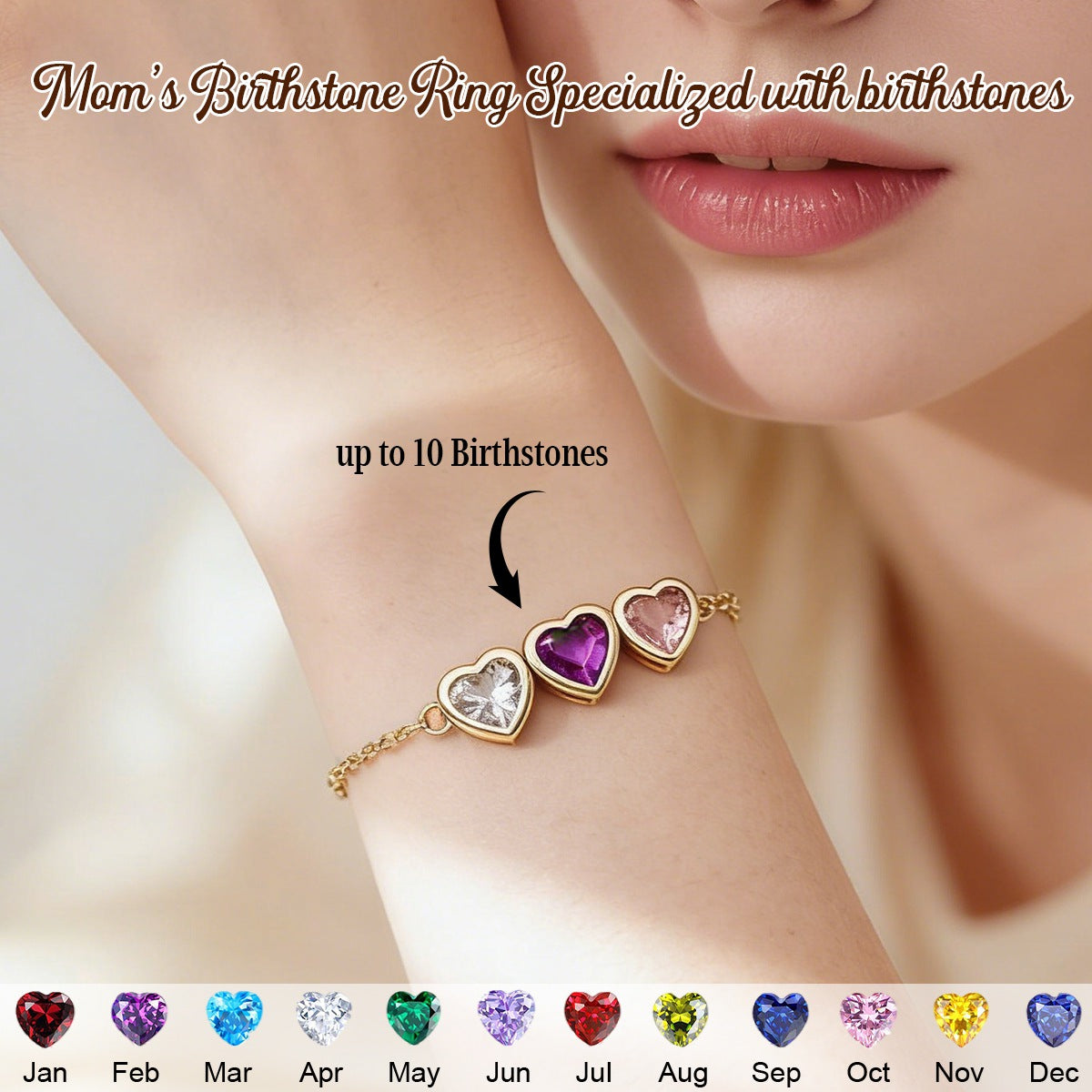 Personalised Heart Birthstone Bracelet, Birthday Gift for Mom, Mothers Day Gift for Her
