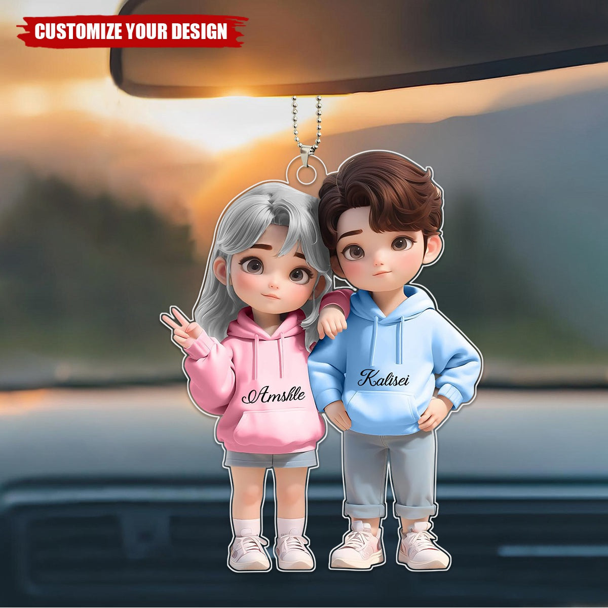 Cute Cartoon Couple Personalized Car Ornament, Anniversary Valentine's Day Gift For Couple