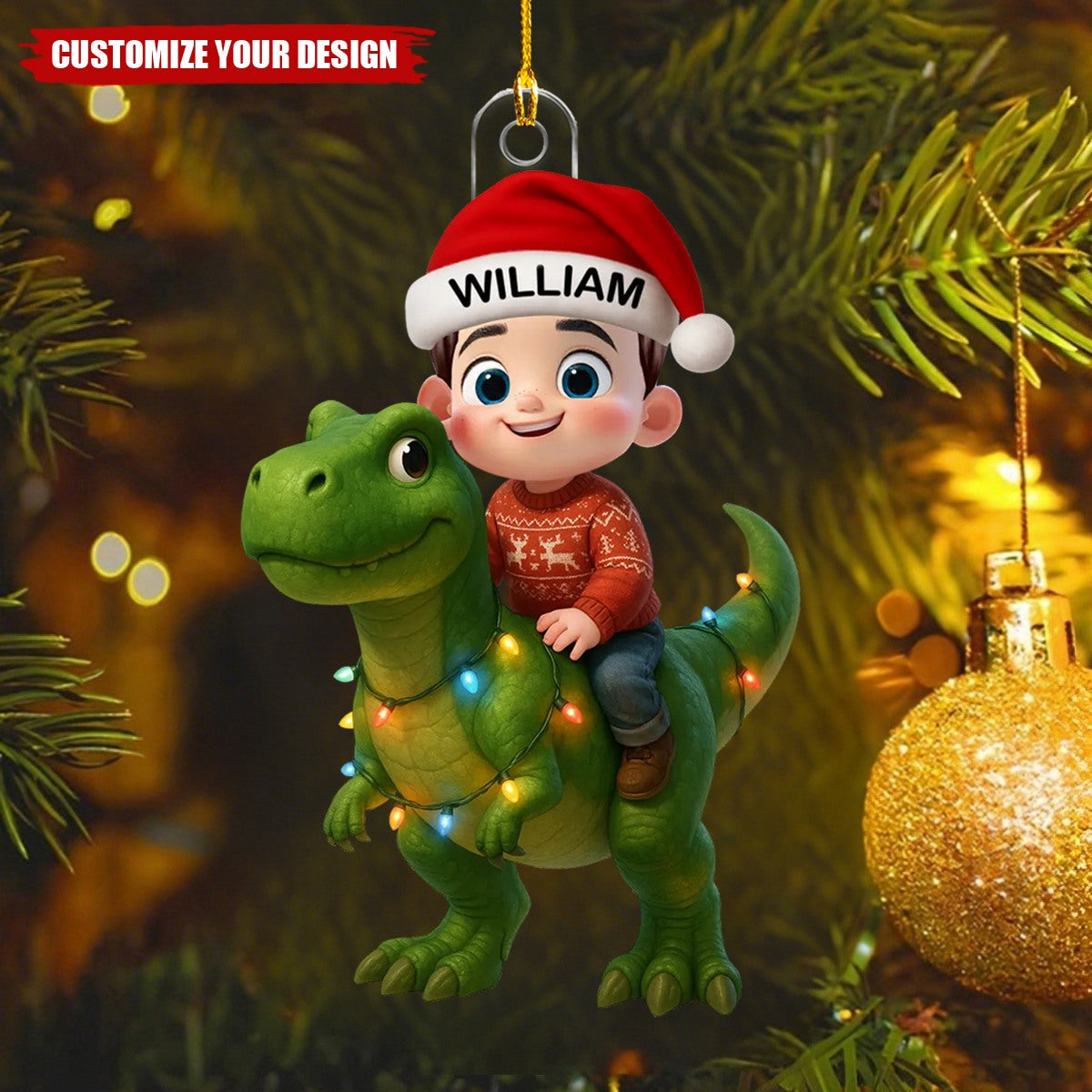 Personalized Cute Cartoon Kid With Dinosaur Christmas Acrylic Ornament, Unique Gift For Grandkids