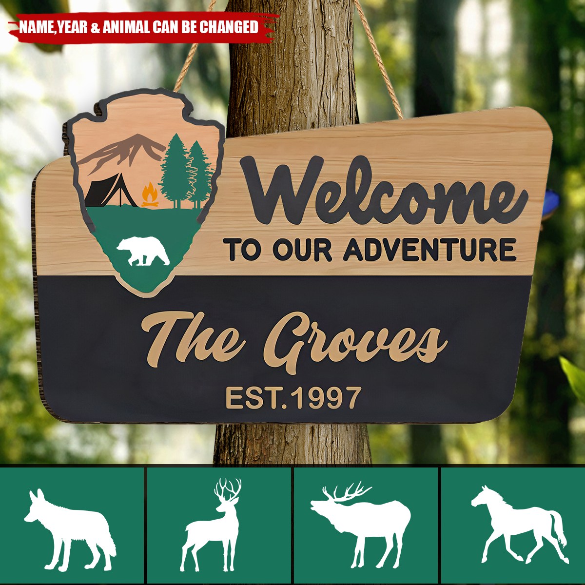 Welcome To Our Adventure Wooden Sign - Personalized 2 Layer Wooden Door Sign