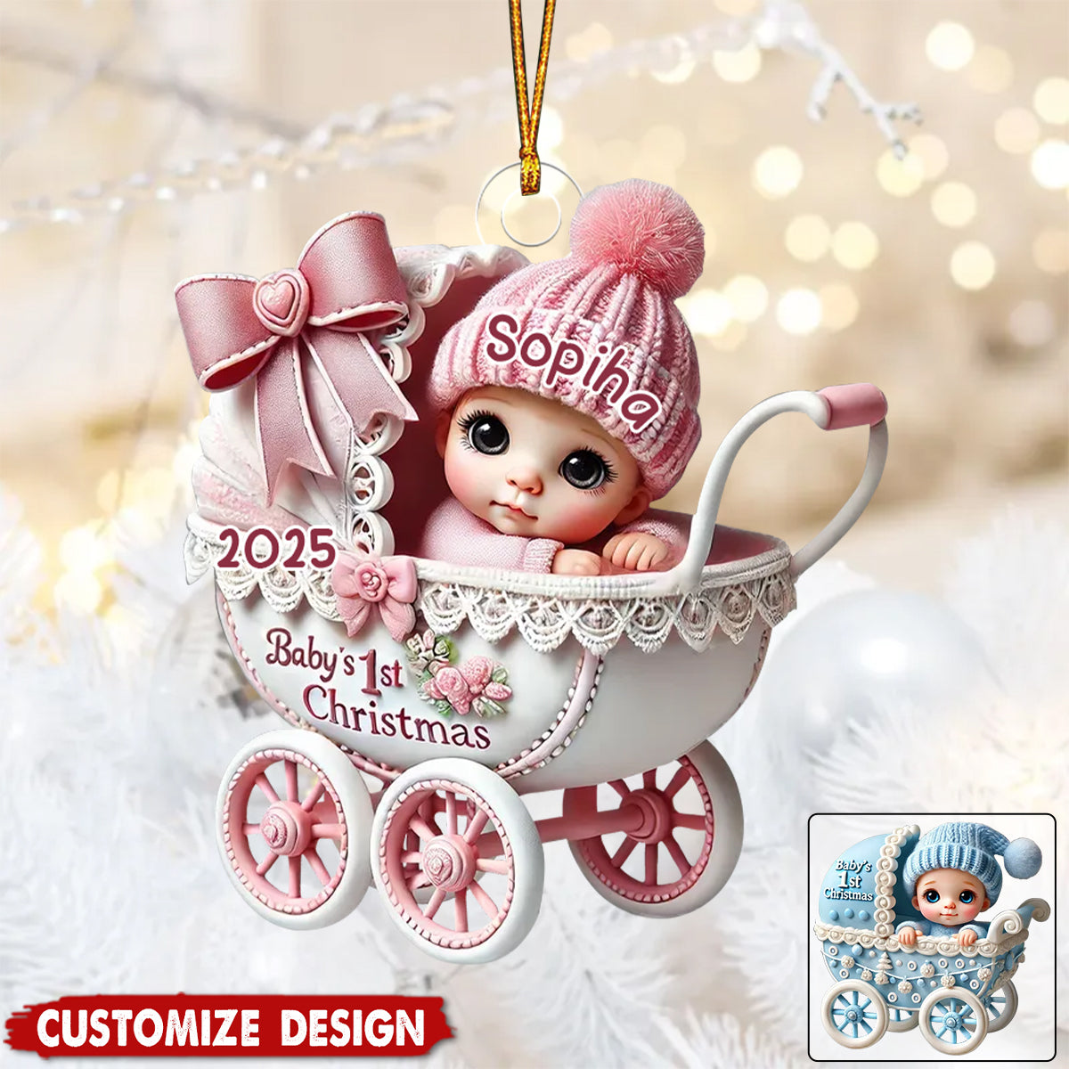 Newborn Baby In Carriage Christmas Personalized Acrylic Ornament