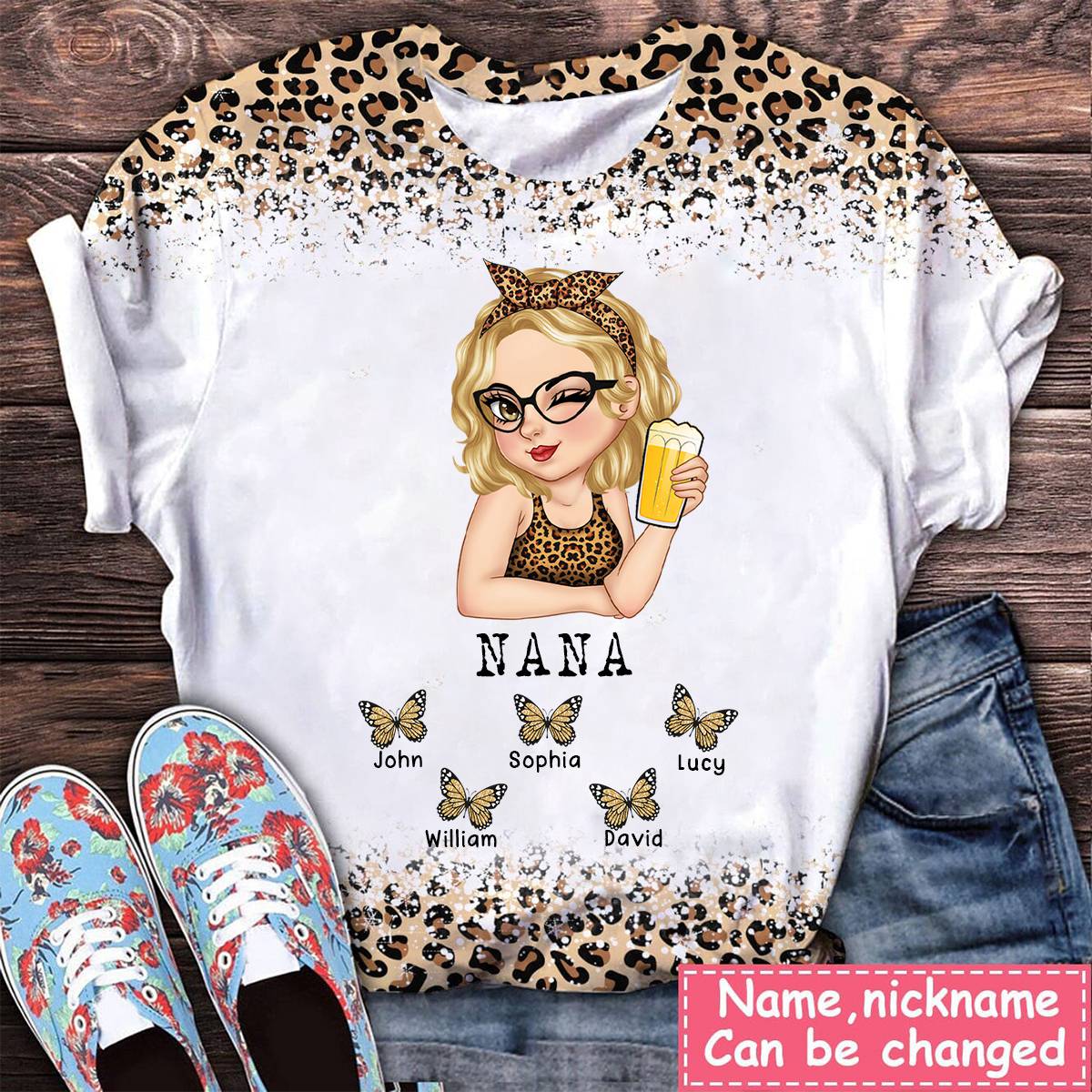 Mom Grandma Kids Butterflies Leopard Pattern - Gift For Mother, Grandmother - Personalized 3D T-shirt