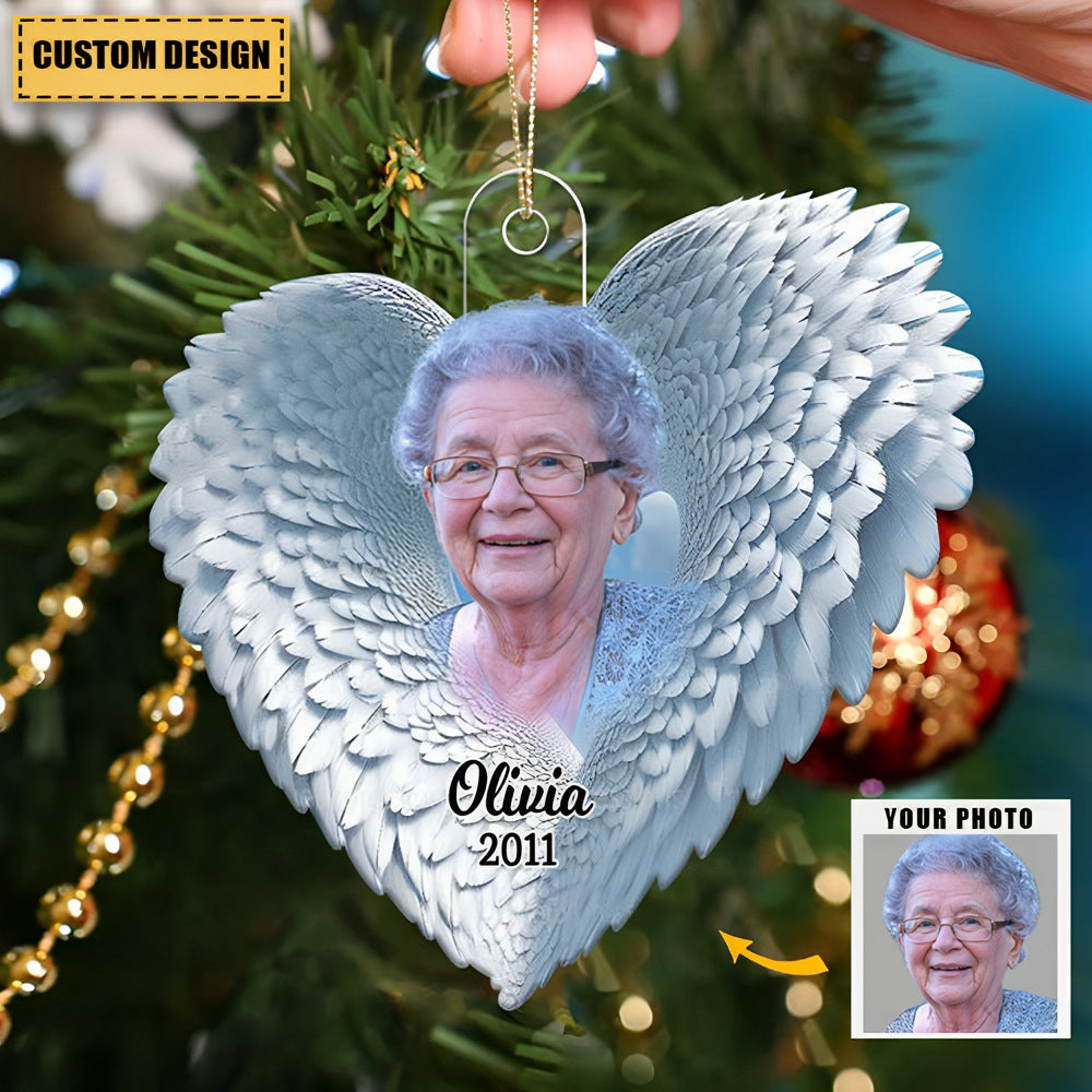 Personalized Memorial Upload Photo Heart Wings Ornament