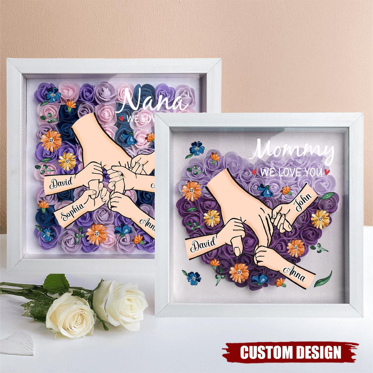 Grandma We Love You - Personalized Flower Shadow Box With Name, Mother's Day Gift