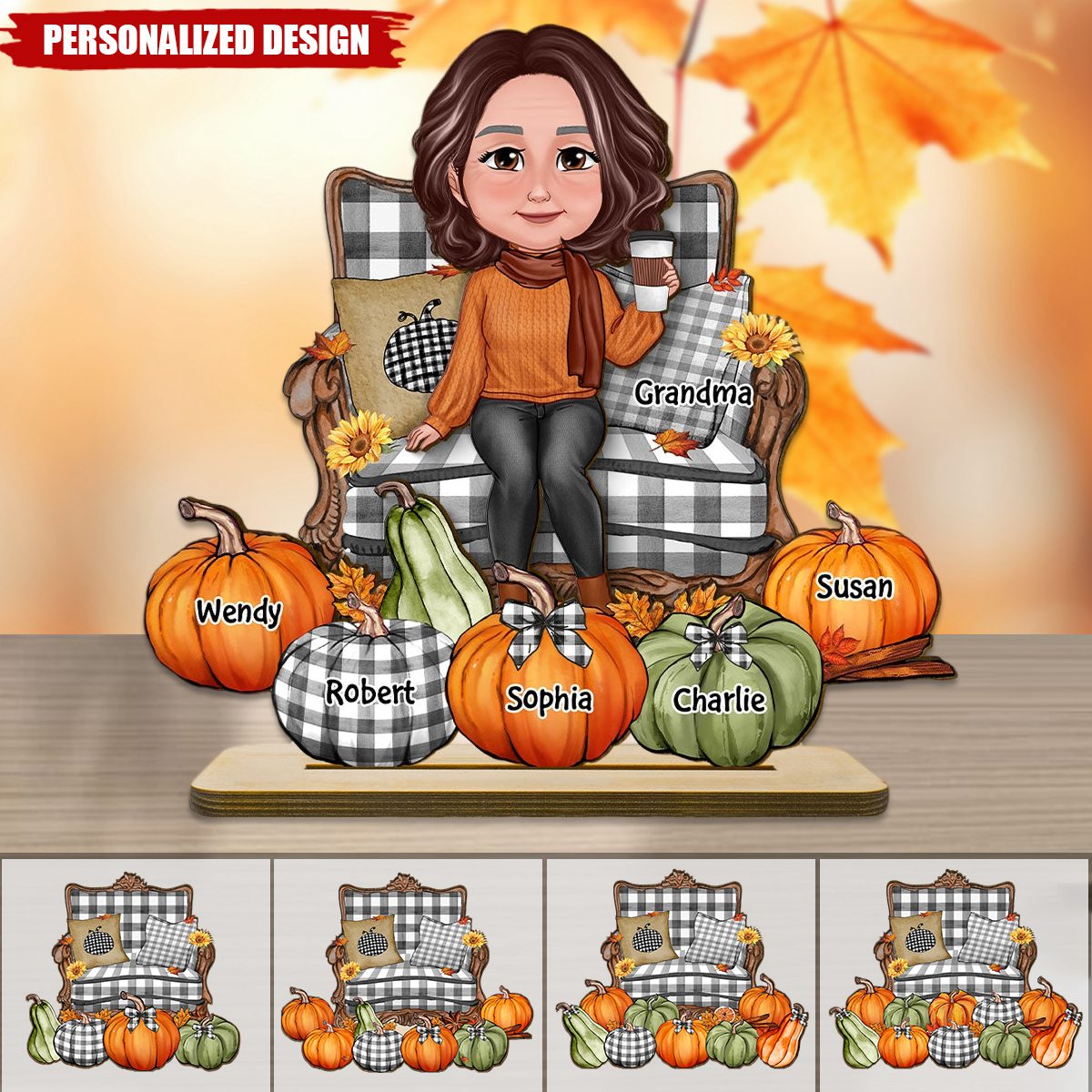 Sitting On Chair Pumpkins Personalized 2-Layer Wooden Plaque, Fall Season Decor, Gift For Grandma