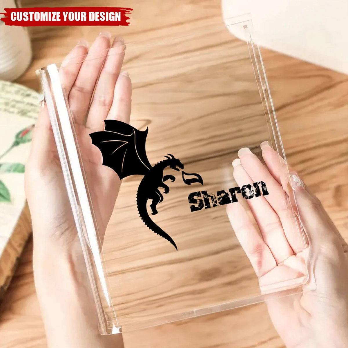 Personalised Cool Flying Dragon Pattern Clear Bookend Vase with Name, Gift for Mom Grandma Book Lovers