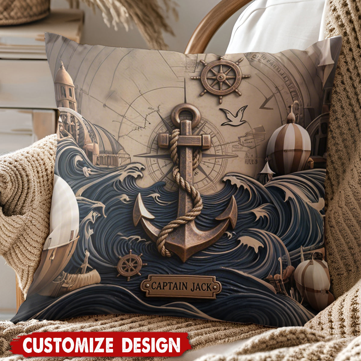 Nautical Anchor Vintage Nautical Map Fragment Personalized Pillow