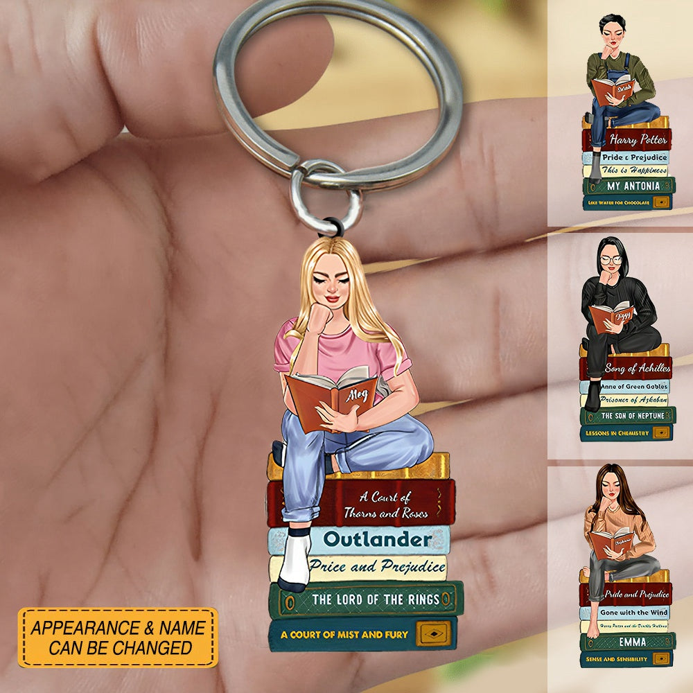 Reading Keychains Girl Reading Book - Custom Book Titles, Personalized Acrylic Keychain ...