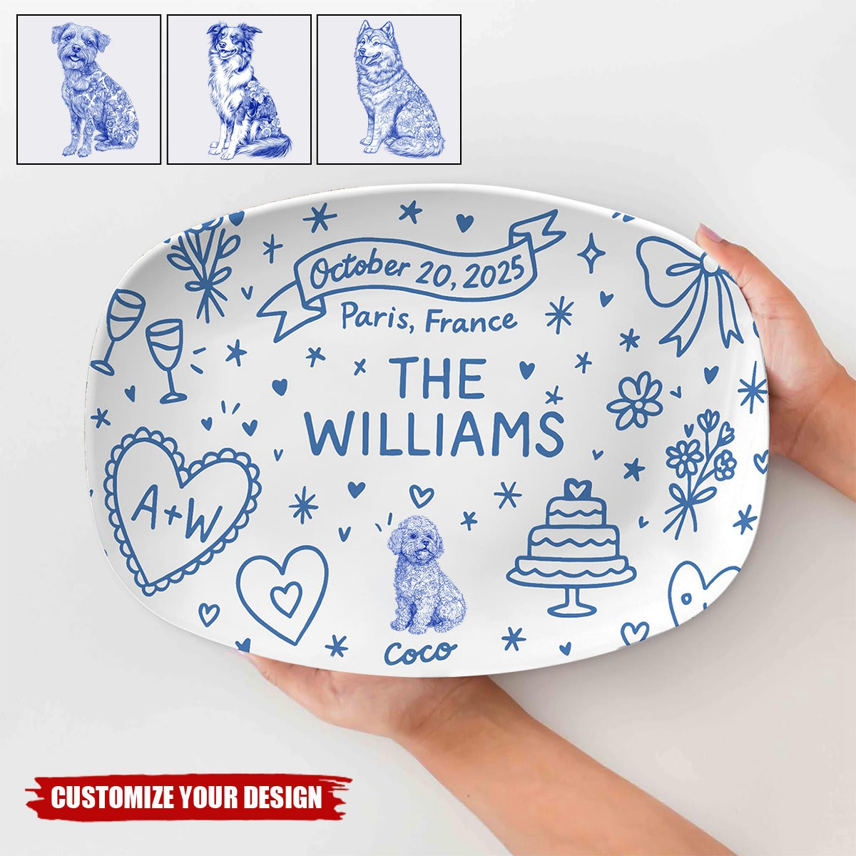 Custom Wedding Platter – Personalized Couple Gift with Names, Dog, Date & Location