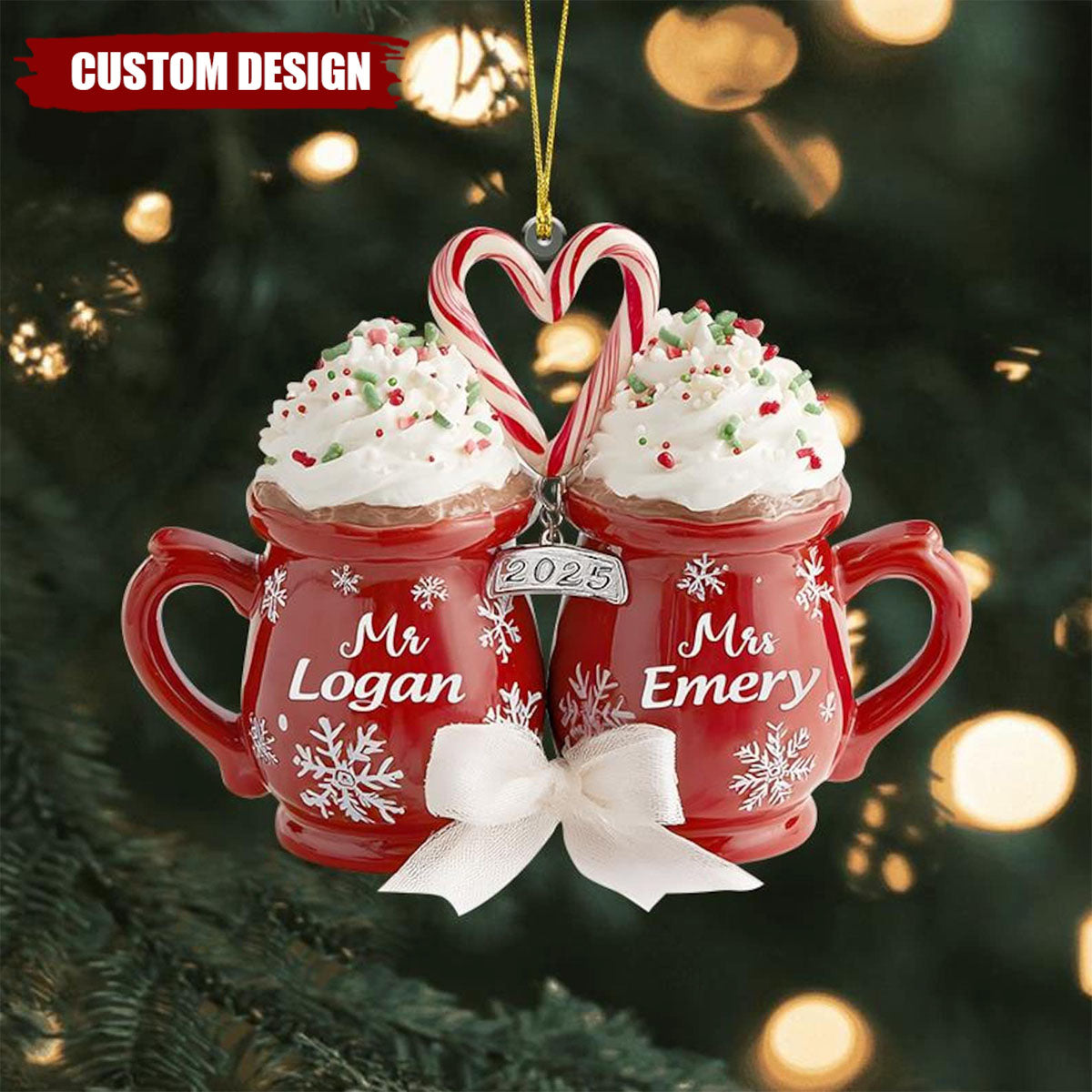 Custom Hot Cocoa Mugs Wedding Couple Christmas Ornament, Wedding Newlywed Decor, Anniversary Gifts for Bride & Groom, Married Keepsake Gift