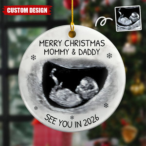 Custom Photo Baby Expecting See You In 2026 - Personalized Circle Ceramic Ornament