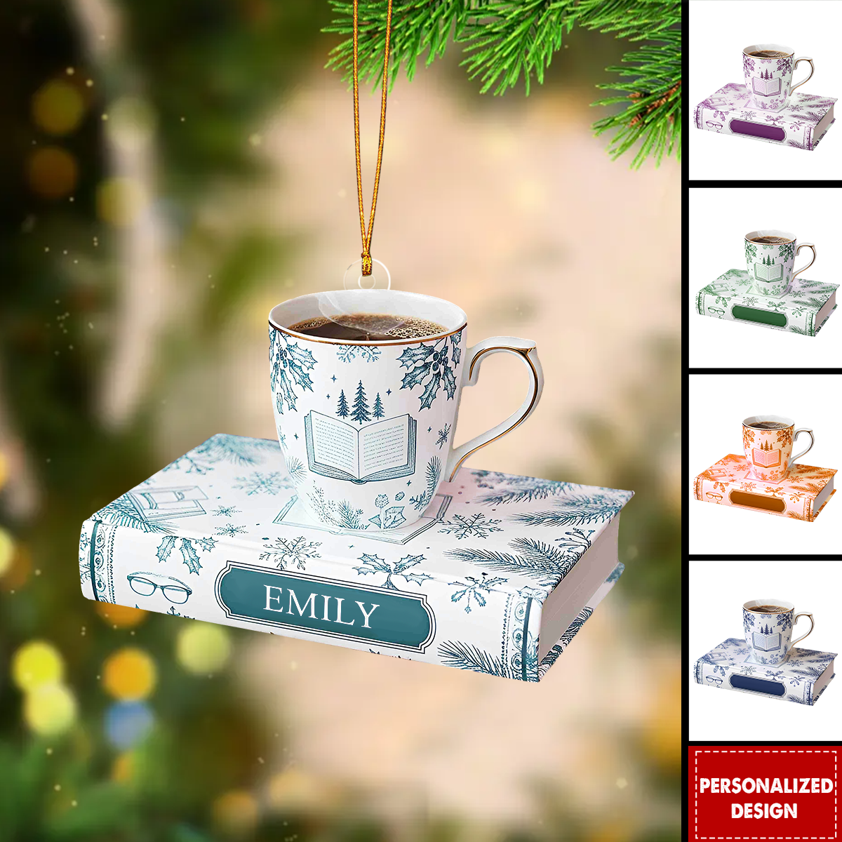 Personalized Book and Coffee Ornament-Gift for Book Lover