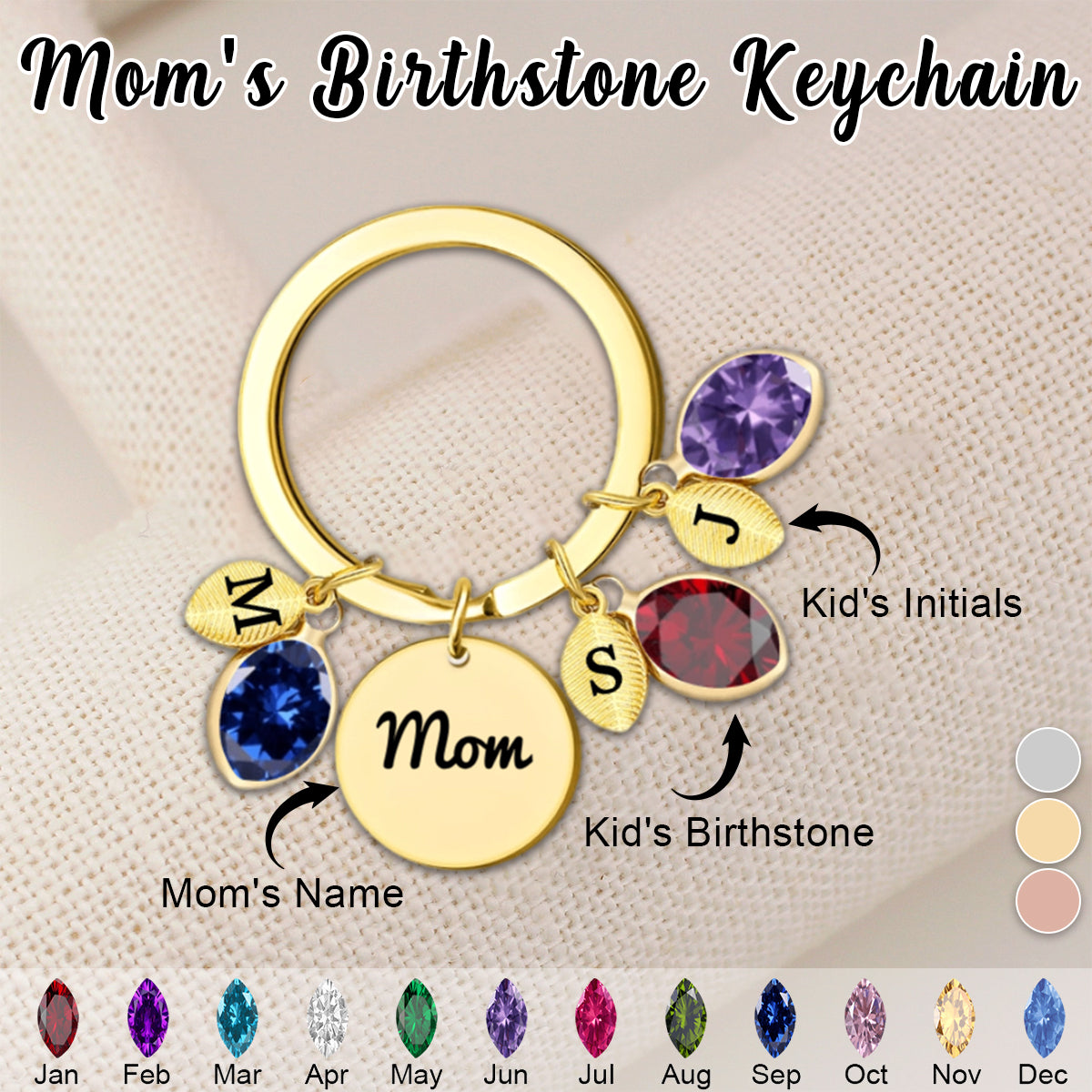 Personalized Initial Name keychain with Birthstone-Mother's Day Gift