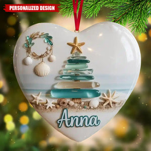 Personalized Coastal Sea Glass Ceramic Christmas Tree Ornaments