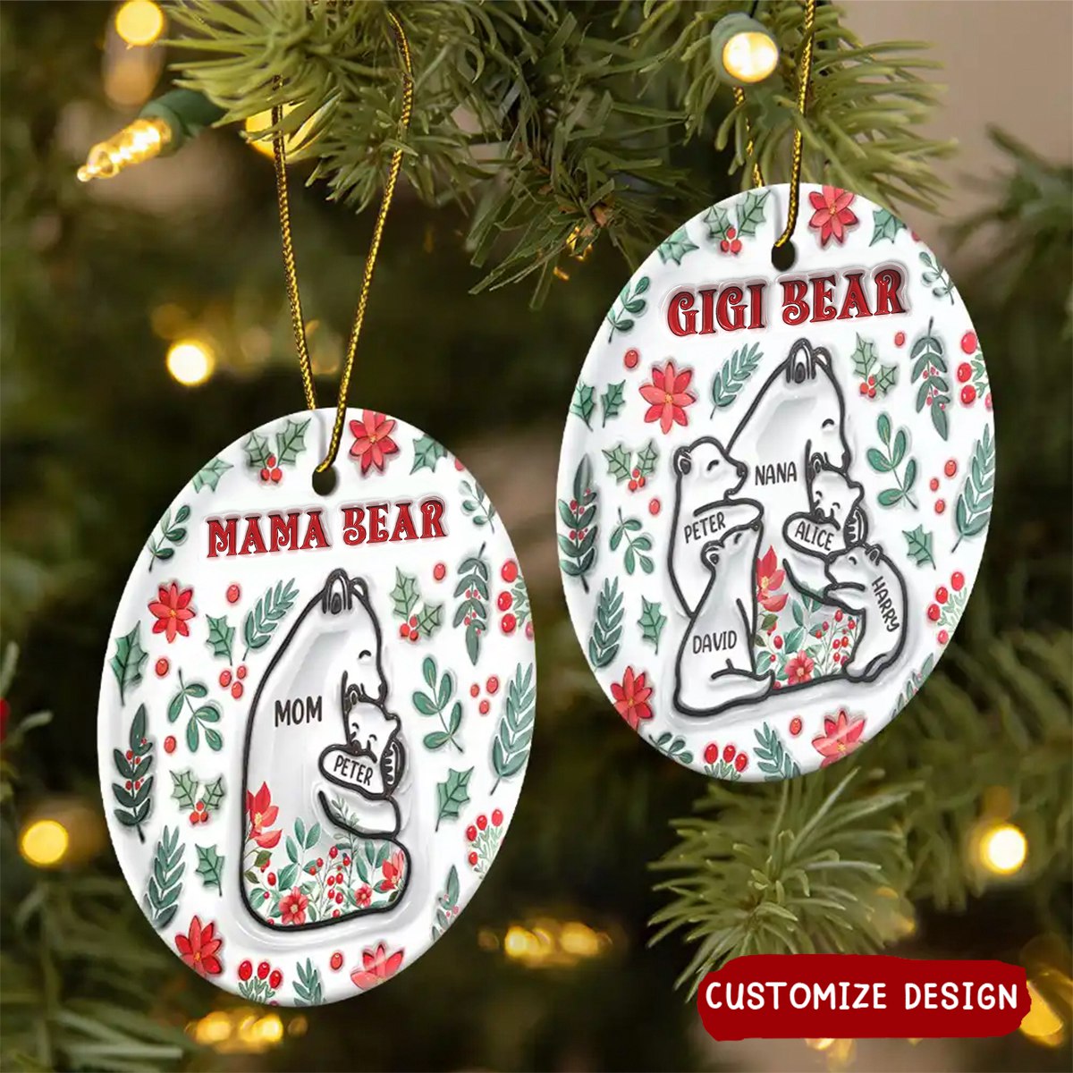 2024 New Release - Christmas Mama Bear - 3D Inflated Effect Printed Ornament, Personalized Circle Ceramic Ornament