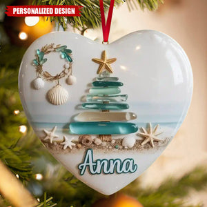 Personalized Coastal Sea Glass Ceramic Christmas Tree Ornaments