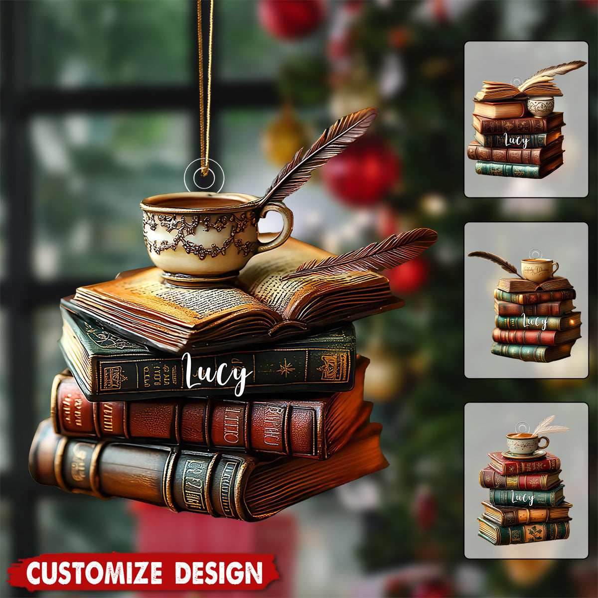 Personalized Vintage Book Stack Light Bauble Christmas Ornament - Gift For Book Lover