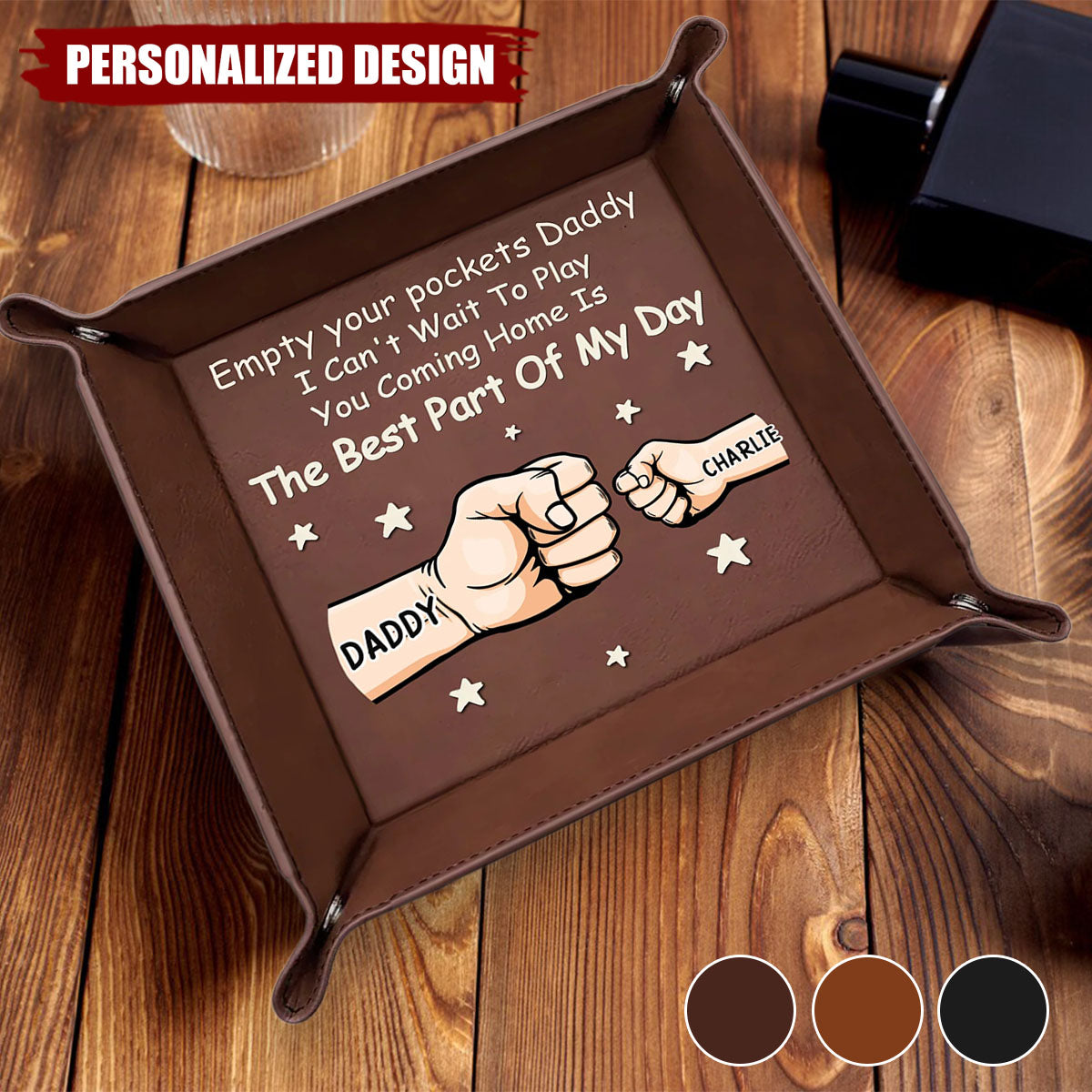 Dad’s Pocket Drop Zone-Personalized Leather Valet Tray-Gift For Dad,Grandpa