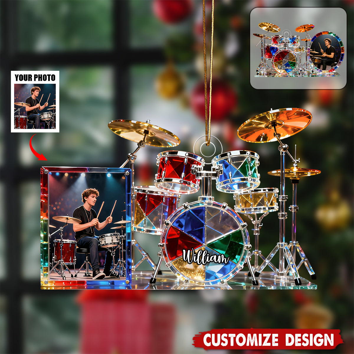 Personalized stained glass drum set themed photo ornament