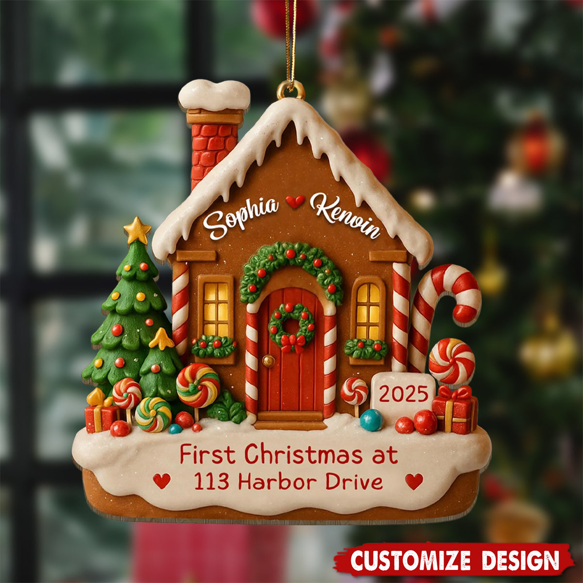Personalized New Home Gingerbread Christmas Acrylic Ornament, Housewarming Bauble Gift