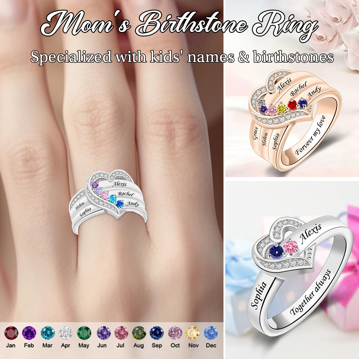 Personalized Heart Birthstone Ring, Family Ring for Her Love Heart-Mothers Ring with 1-8 Birthstones