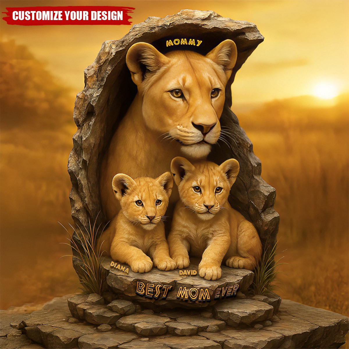Personalized Gift For Mom Plaque, Lion Mom & Little Cubs