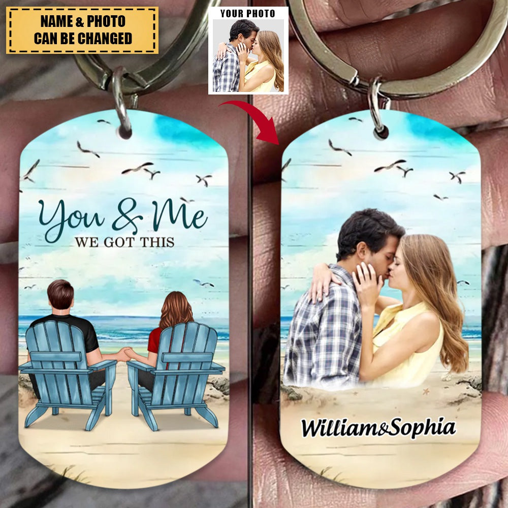 Back View Couple Sitting Beach Landscape You & Me We Got This Personalized Stainless Steel Keychain