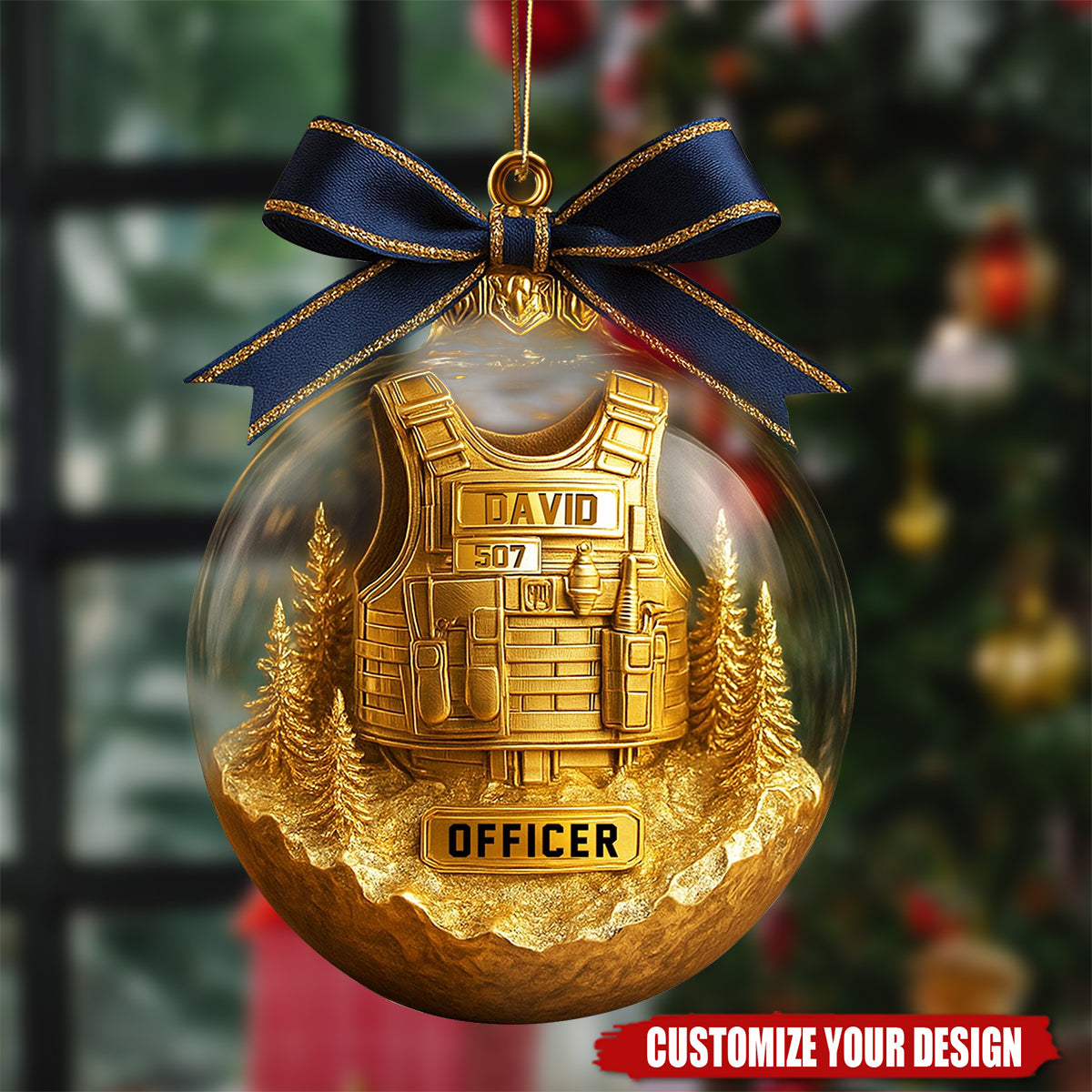 Personalized Police Officer Ornament with Golden Vest, Law Enforcement Xmas Gift