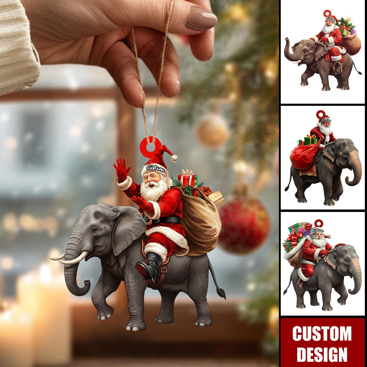 Santa riding Elephant acrylic 2D flat Christmas ornament, festive tree hanging acrylic holiday decoration, unique Santa riding elephant gift
