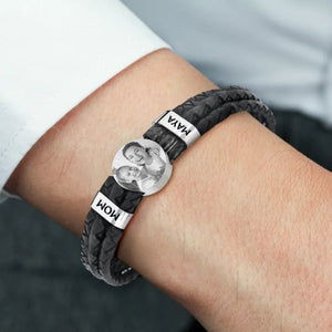 Leather Photo Men Bracelet with Name Beads - Personalized Gifts for Dad Grandpa