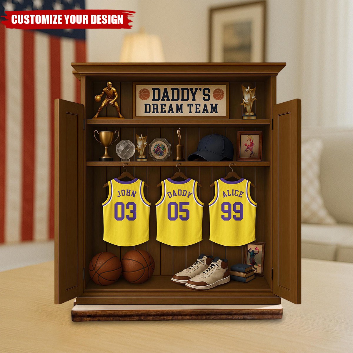 Personalized Daddy's Dream Team Basketball Jersey 2-Layered Wooden Plaque-Father’s Day Gift For Sports Dad