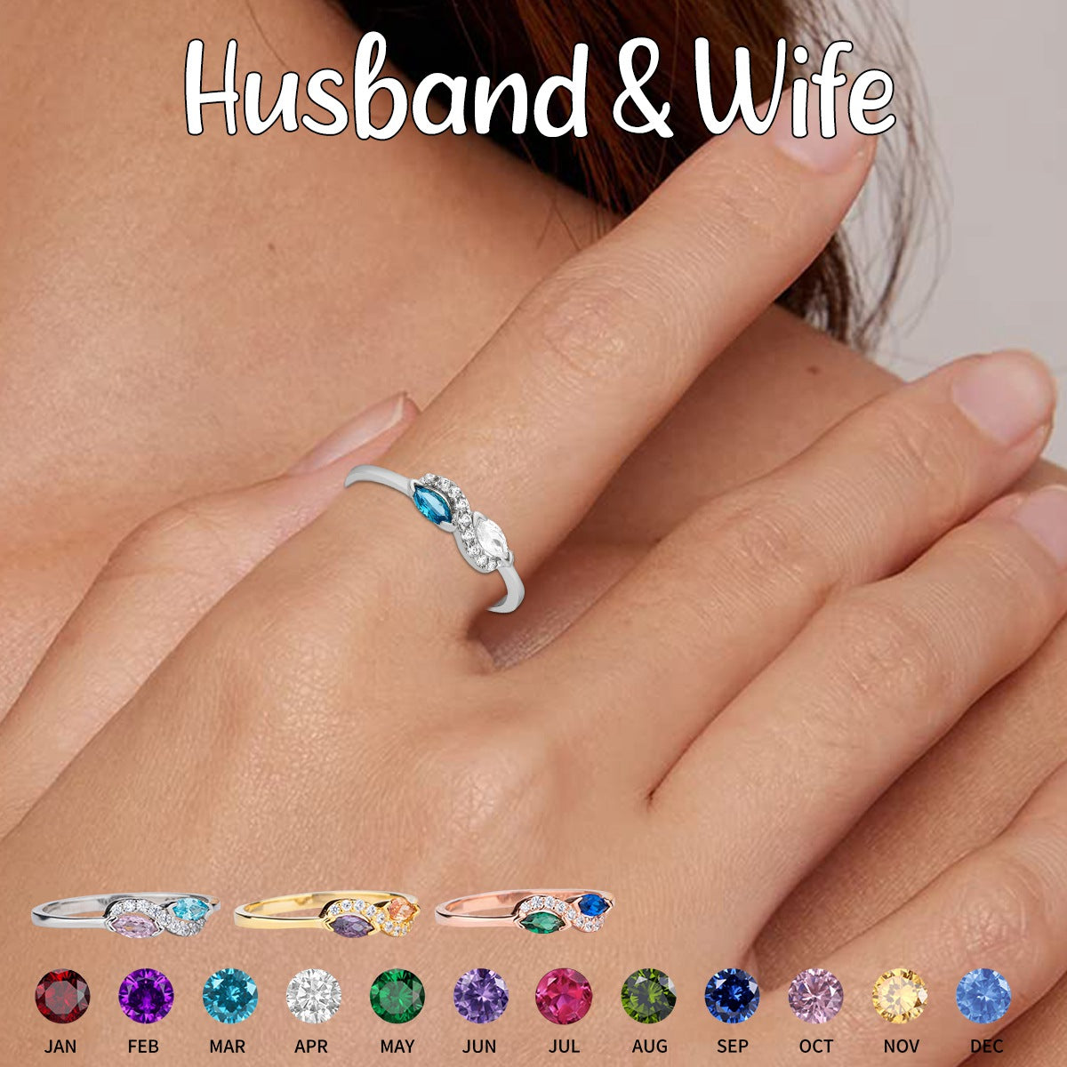 Personalized Double Marquise Cut Birthstone Ring-Gift For Couple
