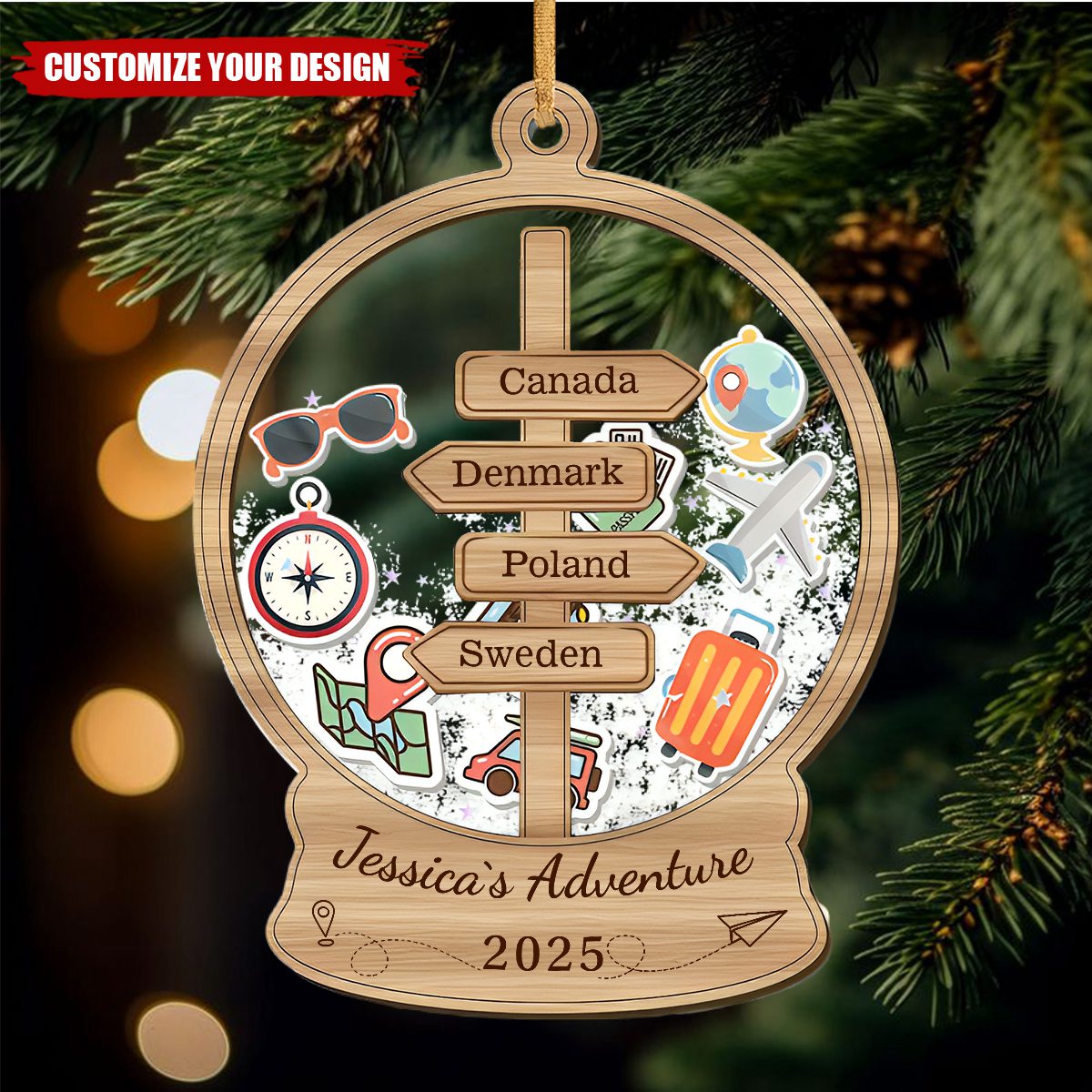 Personalized Travel Adventure Shaker Ornament, Travel Shaker Keepsake Ornament