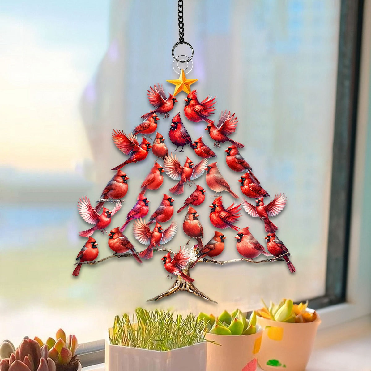 Cardinal Tree Window Suncatcher Ornament - Gift For Bird Lovers