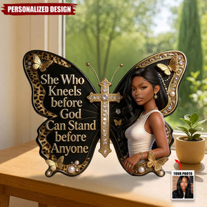 She Who Kneels Before God Can Stand Before Anyone - Personalized African American Custom Shaped Acrylic Plaque
